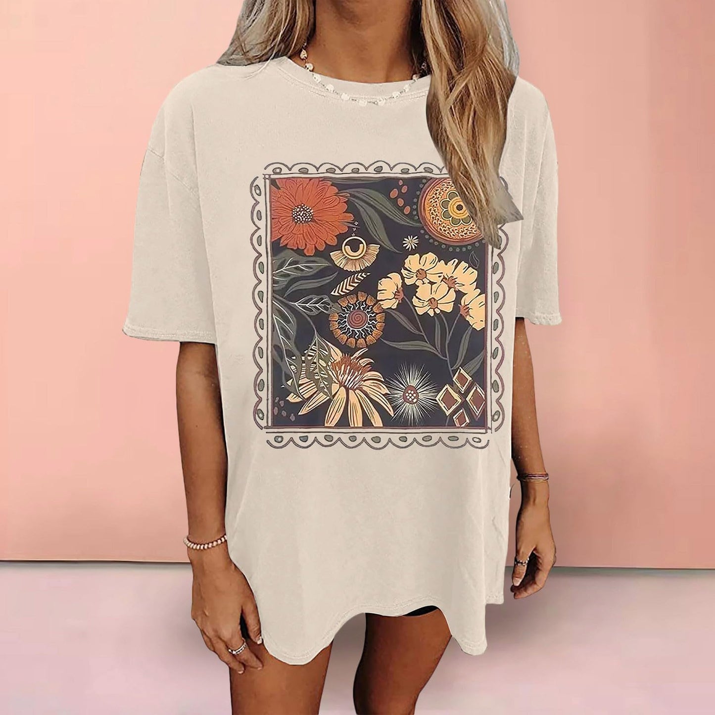 Womens Oversized Tshirt Flower Graphic Tees Nashville Music Short Sleeve Shirts Summer Casual Loose Beach Tops 2024