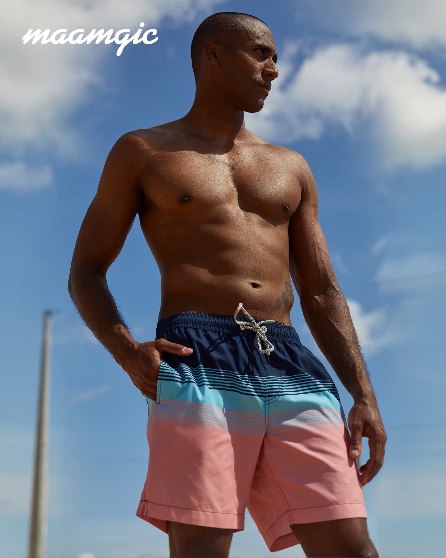 maamgic Mens Swim Trunks Quick Dry Swim Shorts with Mesh Lining Funny Swimwear Bathing Suits 7inch Blue Pink Striped Horizontal Small