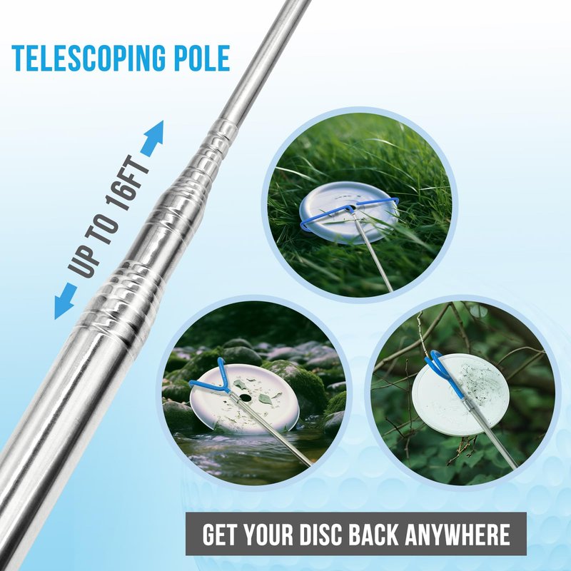 Acebirdie Disc Golf Retriever Pole 16 Feet, Telescopic Discs Retriever with Durable Stainless Steel Frame and Carry Bag - Extendable Golf Accessories Grabber to Retrieve Discs in Water, Trees, Bushes