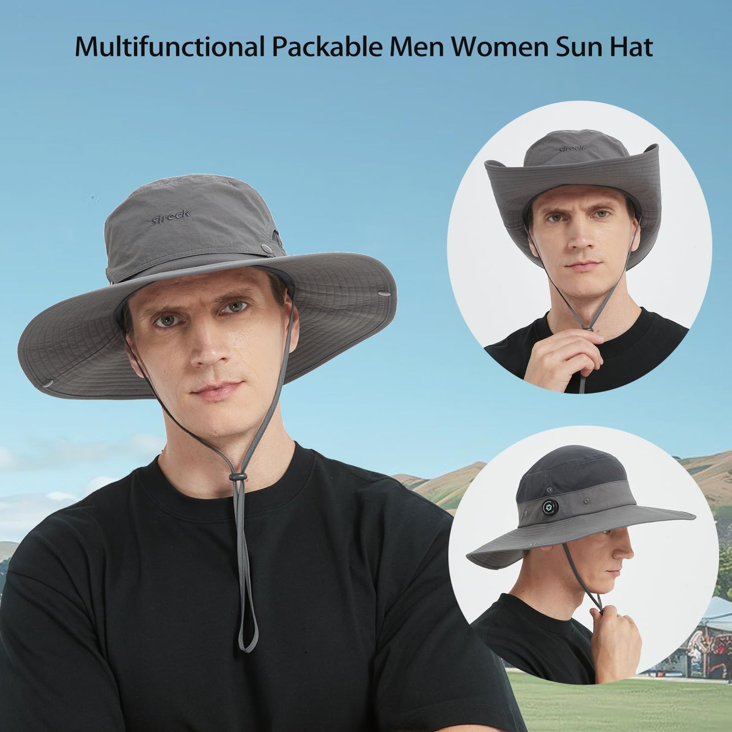 Sireck Men Fishing Hat, Adjust Rotating Buckle Sun Hat, Wide Brim UPF 50+ UV Protection Summer Safari Hat,Bucket Hiking Hat