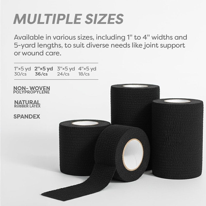 Dynarex Sensi-Wrap Bandage Rolls are Self-Sticking and Provides Stay in Place Compression. Great for Tough to Wrap Areas of The Body. Black, 2” x 5 yds, 1 Box of 36 Rolls (Packaging May Vary)