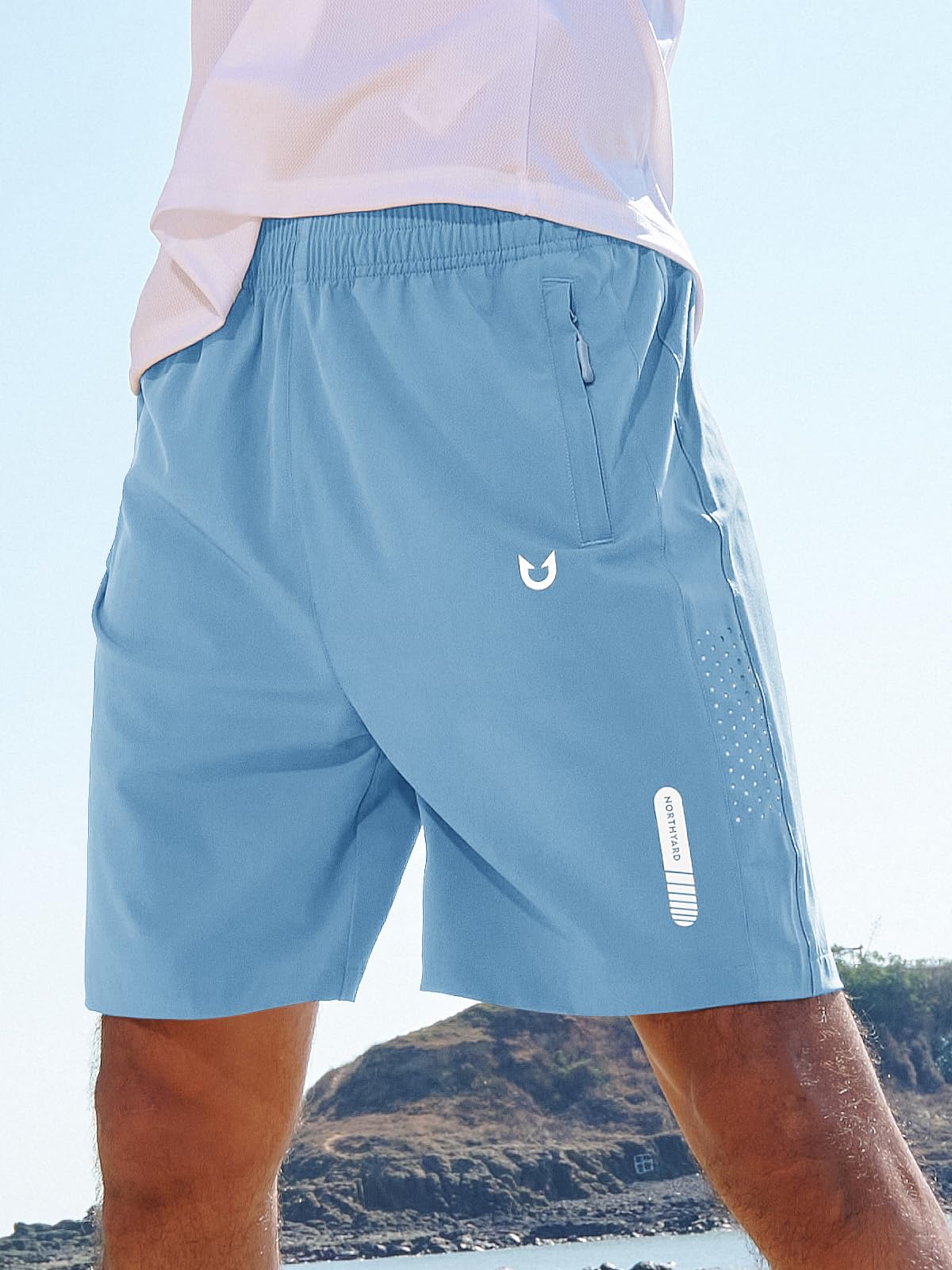 NORTHYARD Men's Athletic Running Shorts Gym Workout 7"/9"/5" Quick Dry Lightweight Sports Basketball Tennis 3 Zipper Pockets SkyBlue 2XL