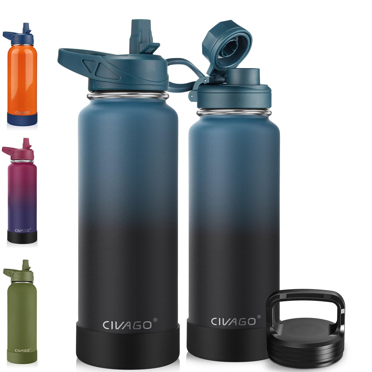 CIVAGO 40 oz Insulated Water Bottle With Straw, Stainless Steel Sports Water Cup Flask with 3 Lids (Straw, Spout and Handle Lid), Double Walled Travel Thermal Canteen Mug, Indigo Black