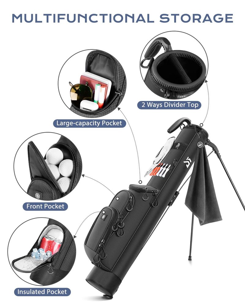 Lightweight Golf Stand Bag with Cooler Pocket, Small Sunday Golf Carry Bag for 6–8 Clubs, Compact and Portable for Men & Women, (Black)