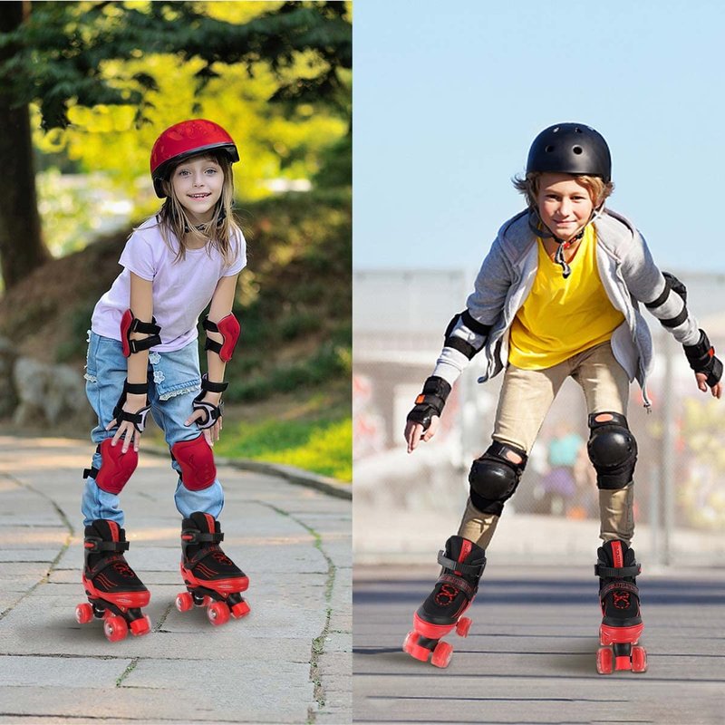 LEJIJIT Roller Skates for Kids Boys Girls Toddler Ages 3-12, Adjustable 4 Sizes for Kids and Youth Teen with Light Up Wheels, Quad Red Roller Skates for Sports (Big Kid 1Y-4Y)