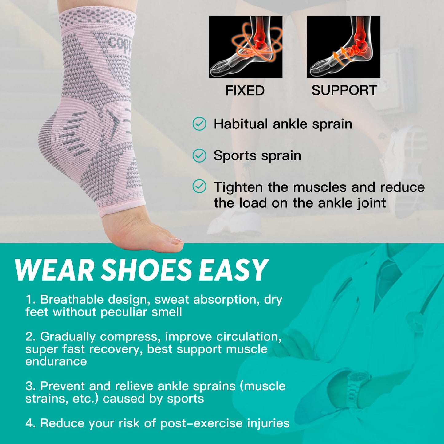 Copper Ankle Brace for Women & Men, Ankle Compression Sleeve Support, Copper Infused Ankle Sleeve for Sprained Ankle, Plantar Fasciitis Sports, Achilles Tendonitis Pain Relief, Pink Silver, M