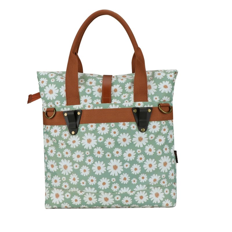 TOURBON Nylon and Leather Roll-top Clip-On Bicycle Panniers Women's Shoulder Tote Bag (Light Green with Flower)