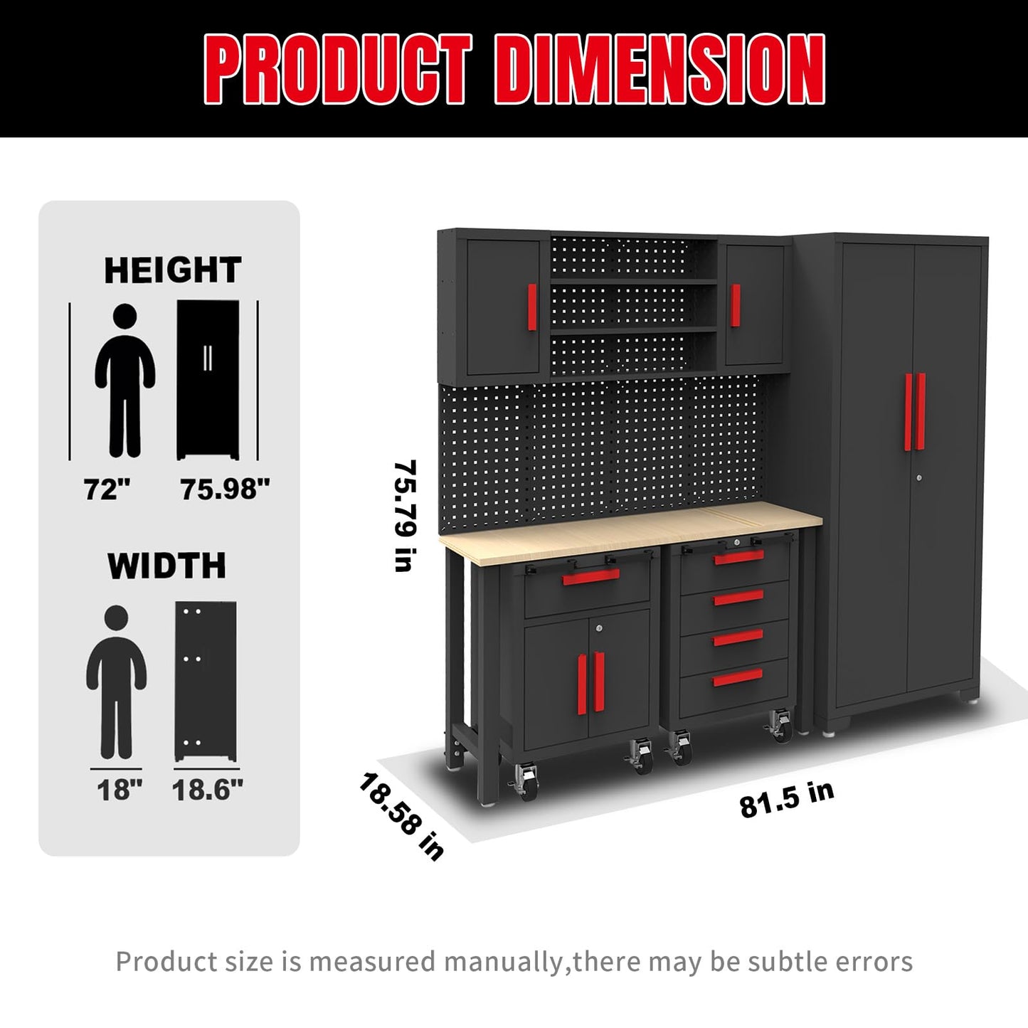 TCE Garage Cabinets Storage System: 6 Piece Set with Lockers and Workbench for Home, Office, Gym, School, Black/Grey