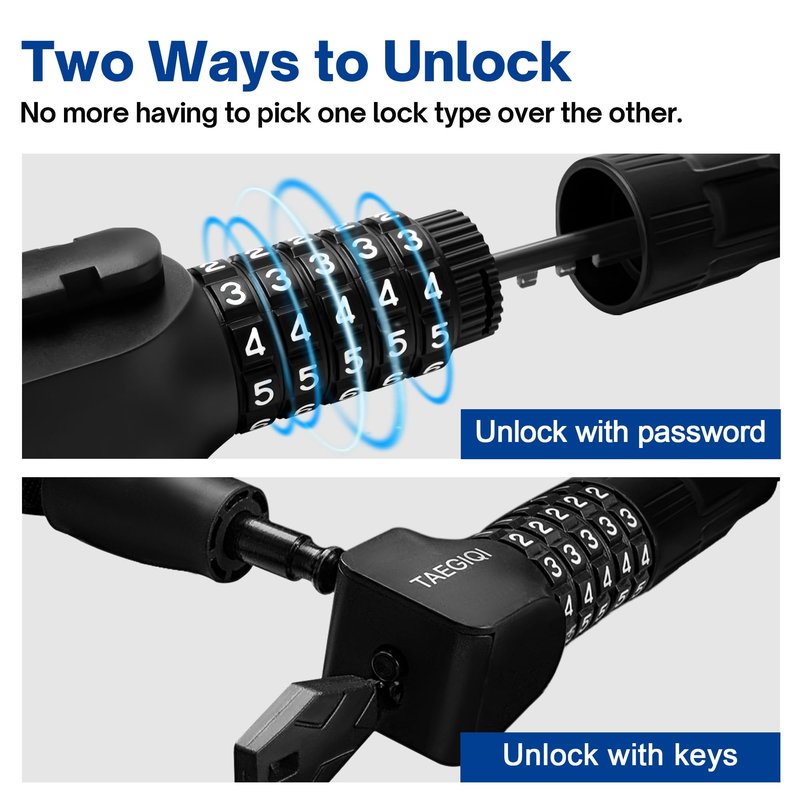 TAEGIQI Bike Lock, 5 Digit Combination Heavy Duty Anti Theft Bike Chain Lock and 2 Keys, 3.2ft Long, High Security Bicycle Lock for Bike, Scooter, Door,Gate, Escooter