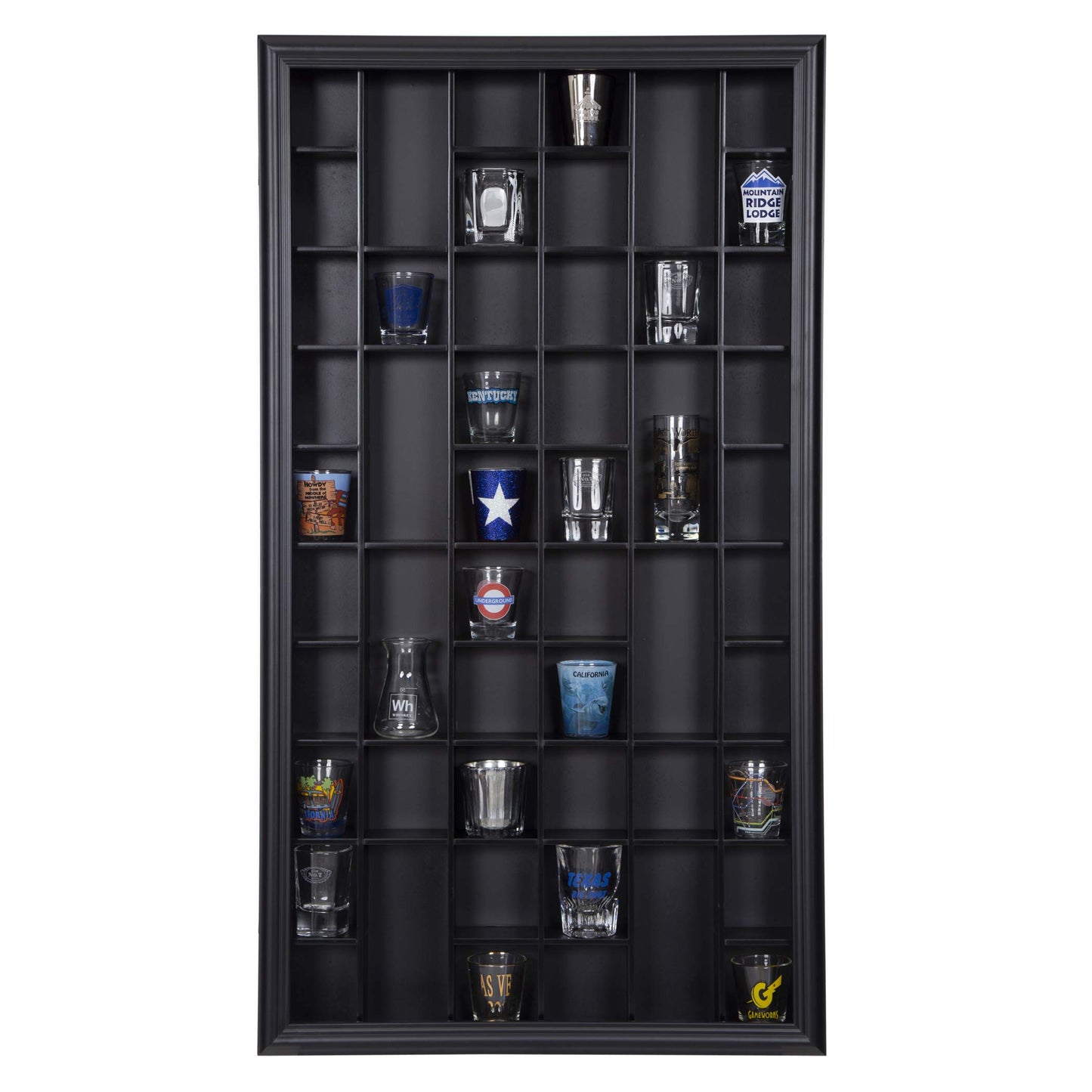 Gallery Solutions - Black Wall-Mounted - Curio & Shot Glass Display Case - 17"x32" Glass Door - Bar Accessories - Collectible - Miniature Glassware - Bar Accessories