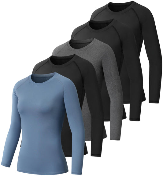 NebuKinex 5 Pack Women's Compression Shirt Long Sleeve Workout Tops Athletic Baselayer Quick Dry Gym Yoga Running T-Shirt 3Black/Grey/Blue M