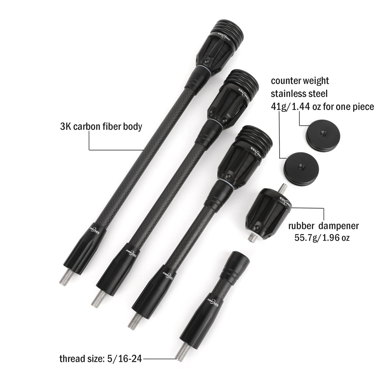 ZSHJGJR Archery Bow Stabilizer 6" 8" 10" 12" for Compound Bow, 3K Carbon Fiber Body Flexible Core, Damping System and Weights Kit (Black, 10 Inch)