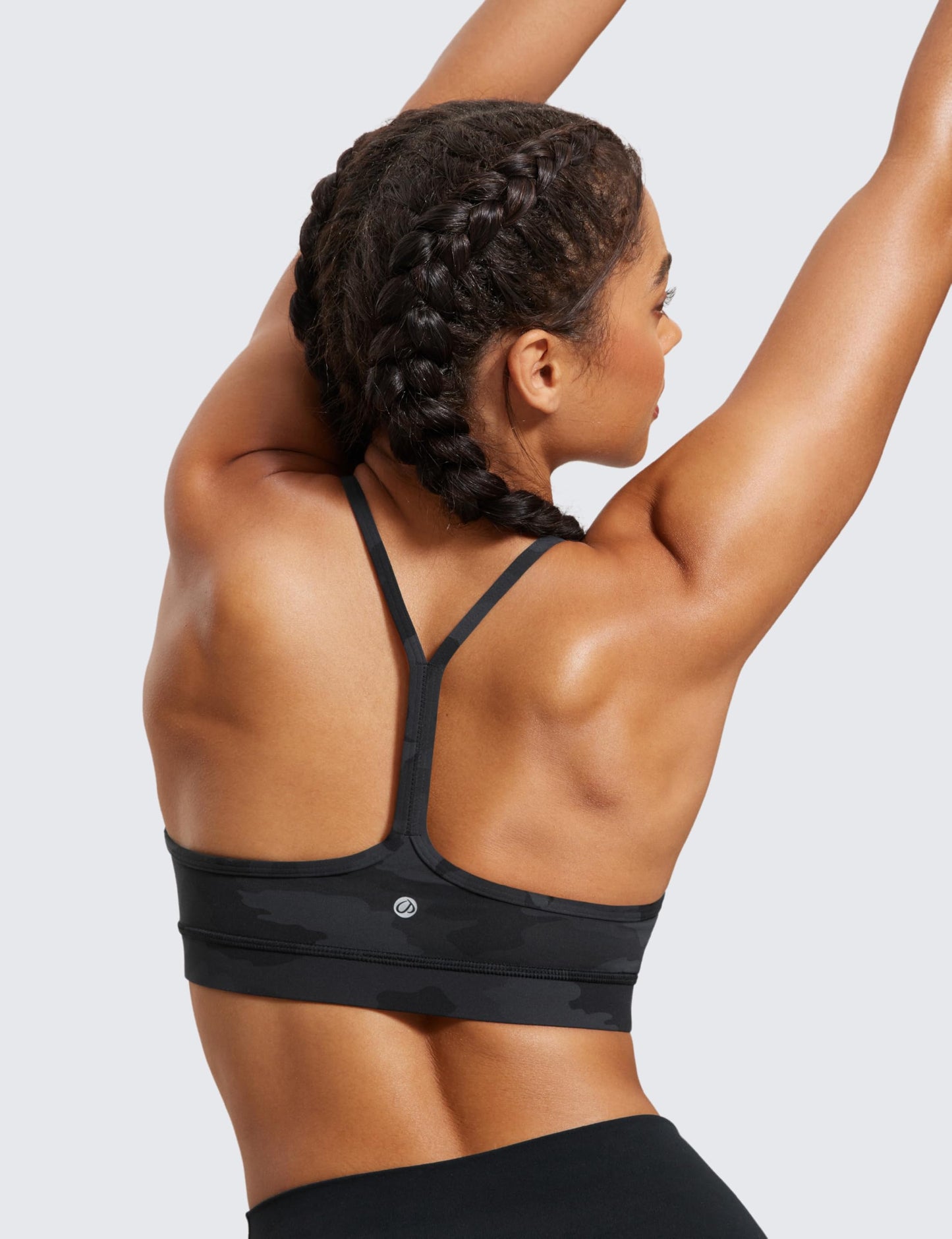 CRZ YOGA Butterluxe Y Back Sports Bras for Women - Padded Racerback Low Impact Spaghetti Thin Strap Workout Yoga Top Dark Grey Camouflage 2 Medium