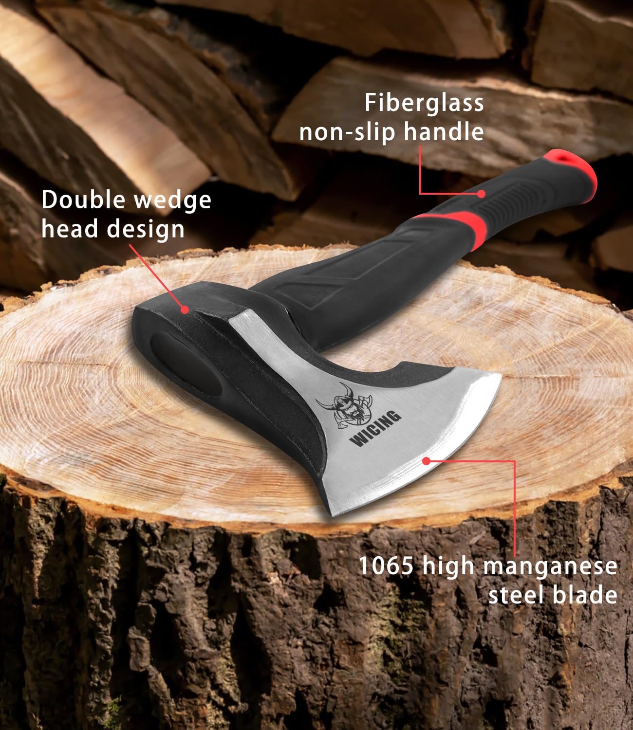 WICING 15 inch Hatchet for Small to Medium Size Kindling, Splitting Axe 1065 High Manganese Steel and Ergonomic Fiberglass Handle, 2.3 pounds