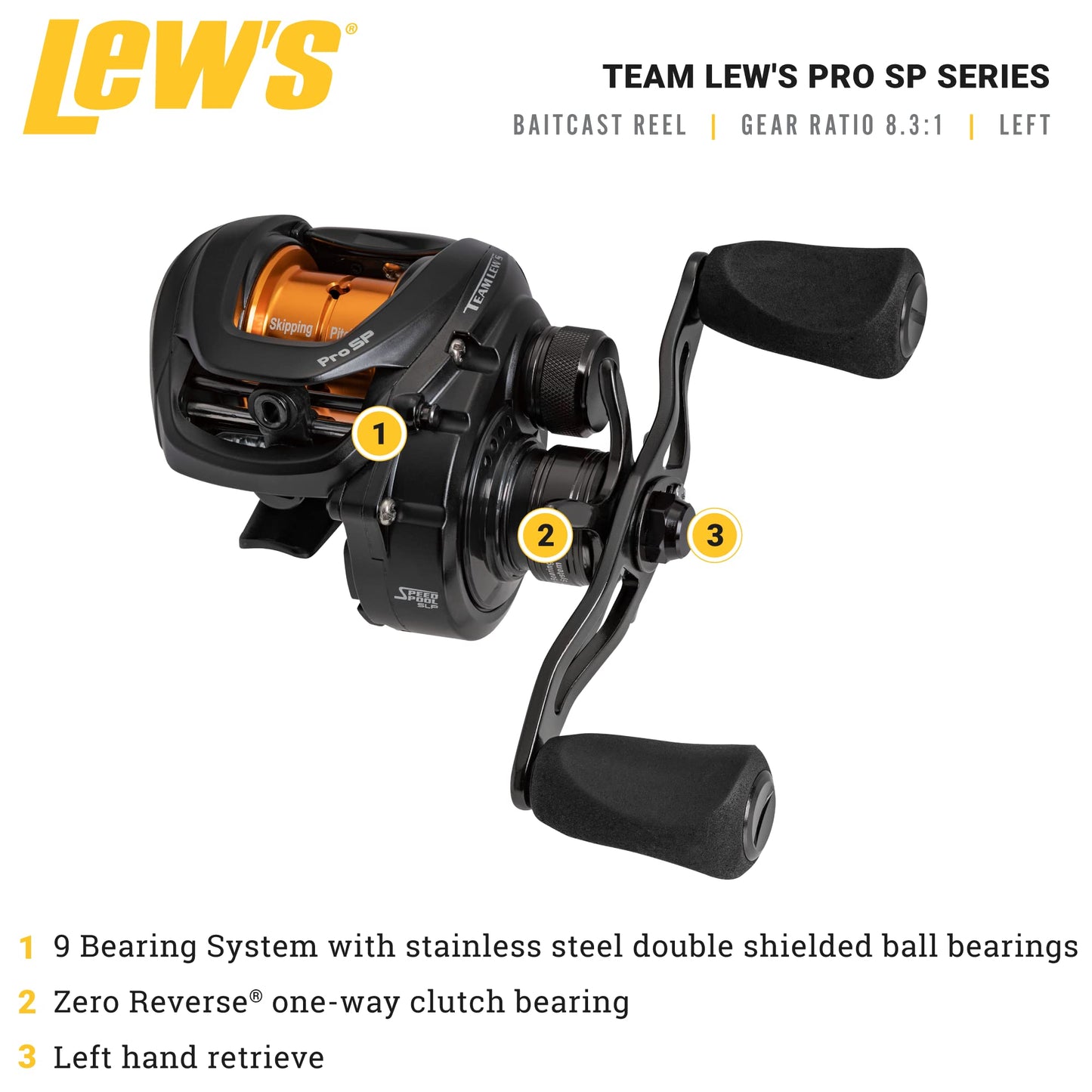 Lew's Team Lew's Pro SP Baitcast Fishing Reel, 8.3:1 Gear Ratio, Left-Hand Retrieve, Aluminum Frame, Premium 9 Stainless Steel Ball Bearings