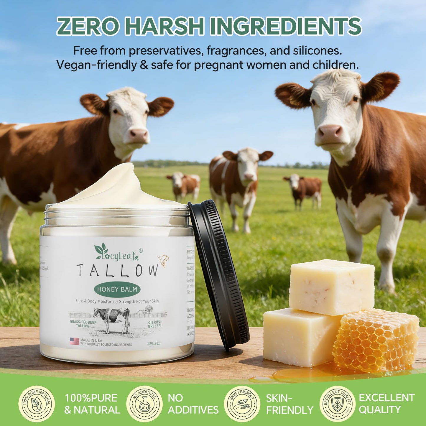 LOCYLEAF Beef Tallow for Skin, Organic Grass-Fed Beef Tallow Balm with Raw Honey, Natural Tallow Skin Care Cream Body Butter, Nourish and Soothe Dry Skin, Light Scent, Made in USA（4 Oz）