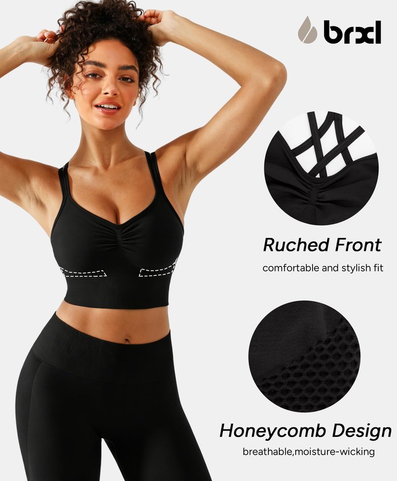 BRXL Womens Sports Bras Longline Strappy Sports Bra Low Impact Workout Sports Bra Black Unpadded Sports Bras Black S