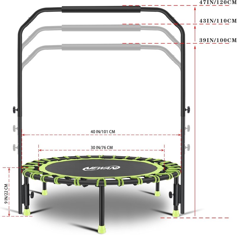 Silent Mini Trampoline - 40" Adjustable Handle Bar Bungee Rebounder for Cardio Workouts | Max Weight 330 lbs
