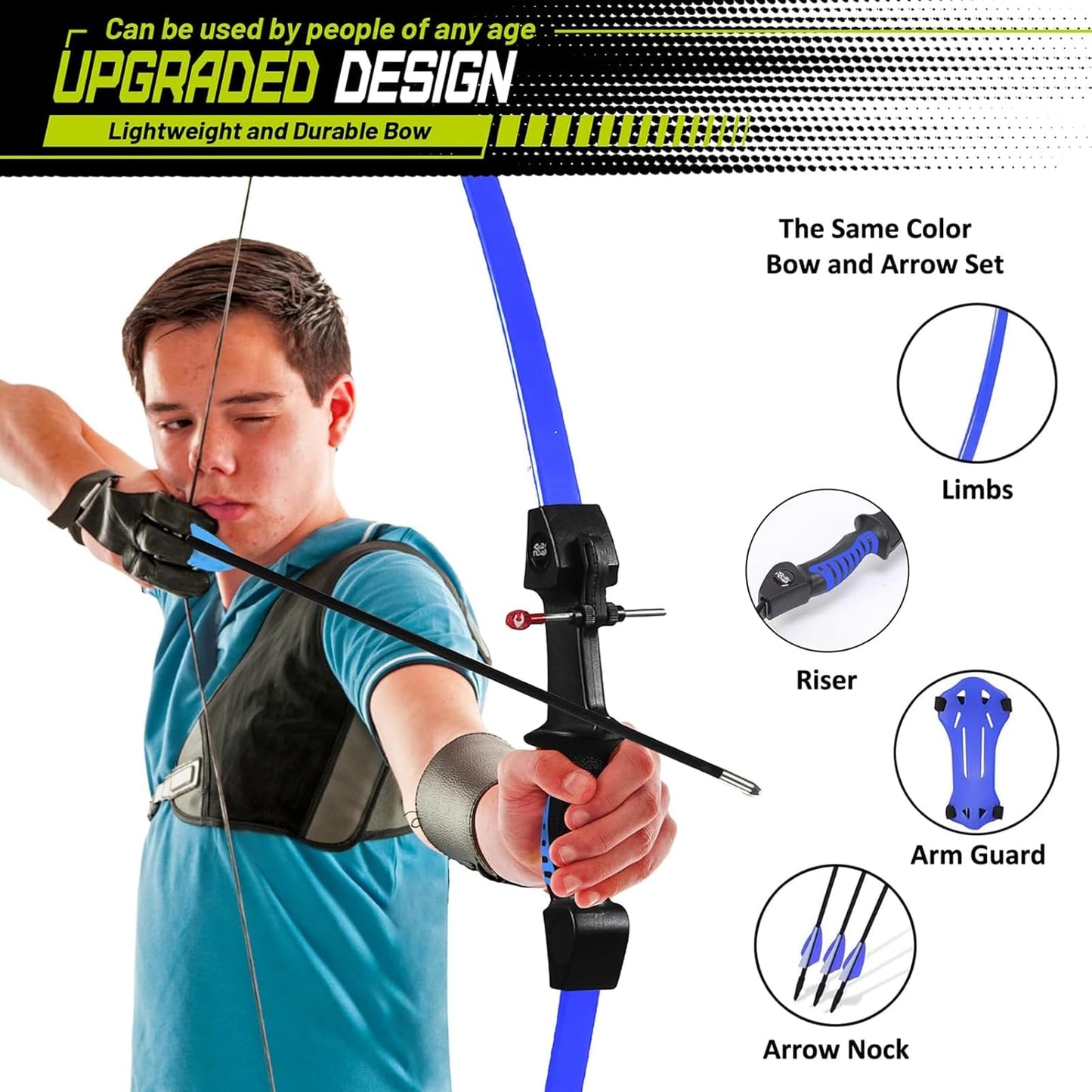 crazymouse Bow and Arrow for Teens Beginners Adults Recurve Bow Set 8 Arrows 5 Target Face Archery Longbow Kit Backyard Games Gift for Outdoor Sports (Blue Archery Bow Set)