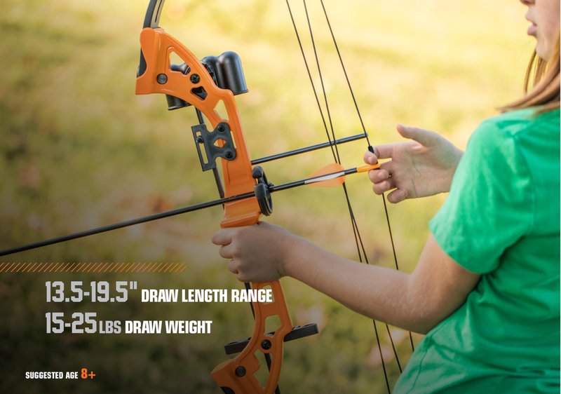 Bear Archery Brave Compound Youth Bow Set, Right Handed, Ages 8-12, Draw Weight up to 25lb, Draw Length up to 19.5", Accessories: Whisker Biscuit Arrow Rest®, Bow Sight & Finger Rollers, Black