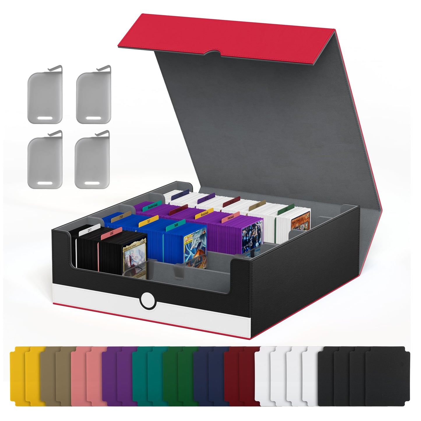 UAONO Trading Card Storage Box, Holds 2400 Sleeved Cards with 24 Dividers & 4 Stoppers, Magnetic Closure PU Leather Card Case for MTG, PTCG, YGO, Sports Cards (Red&White)