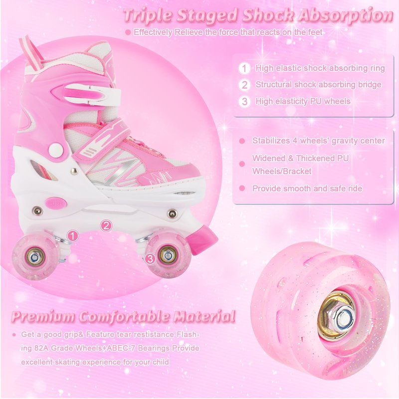 LIRENGUI Girls Roller Skates for Kids Children Beginner, Adjustable Kids Roller Skates with All Light Up Wheels for Sports, Pink & White (Medium 1-4 US)
