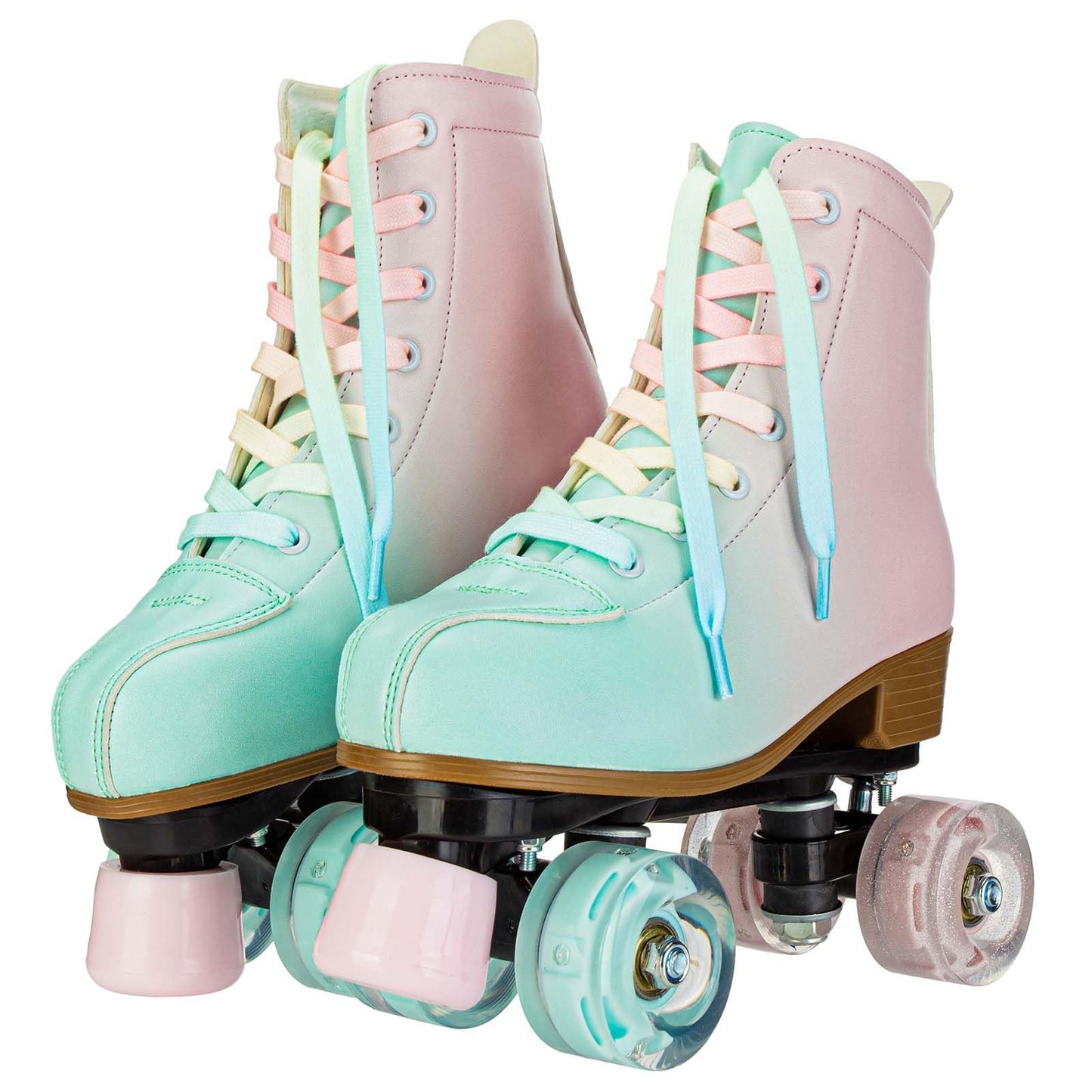 YYW Roller Skates for Girls and Women, Fantastic Gradient Pink and Green PU Leather Light Up Kids Youth Roller Skates, Indoor Outdoor, Size 33-Youth 2