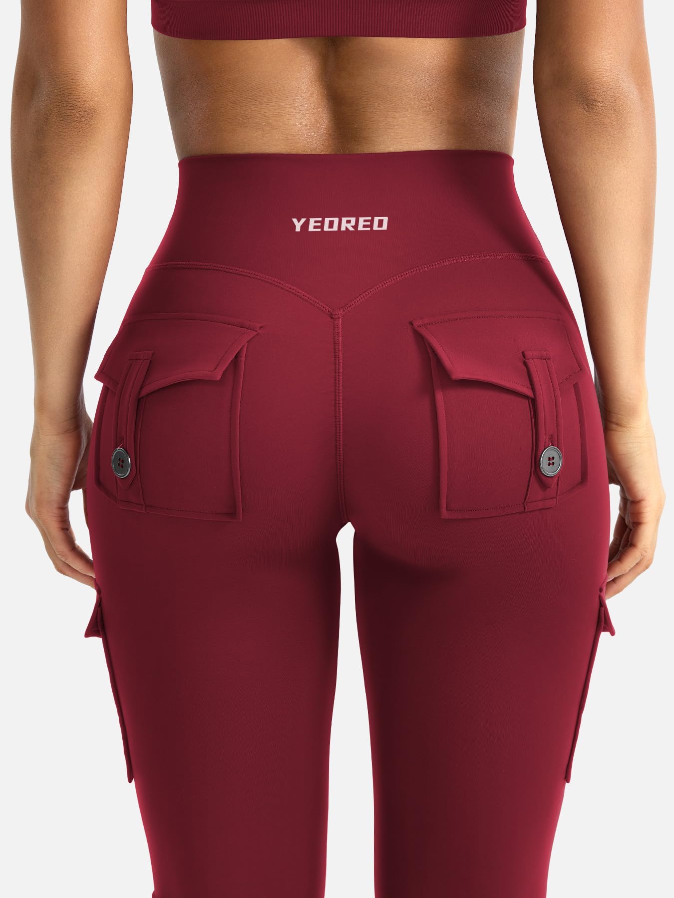 YEOREO CoreFlex Women Workout Flare Leggings with Pockets Scrunch Cargo Gym Yoga Leggings Wine XS