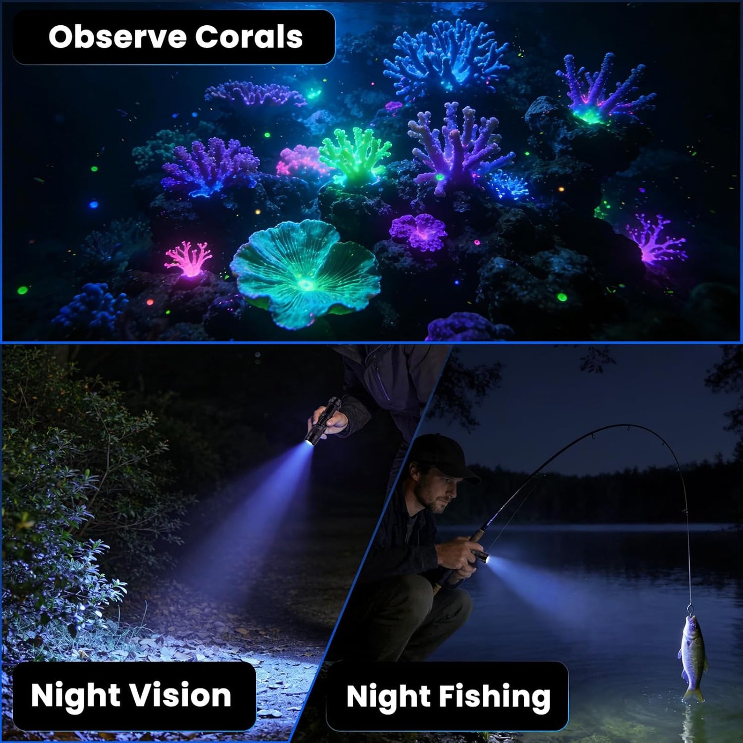 Rechargeable Blue LED Flashlight - Bright 450-460nm Single Mode Zoomable | 2 Pack for Hunting & Fishing