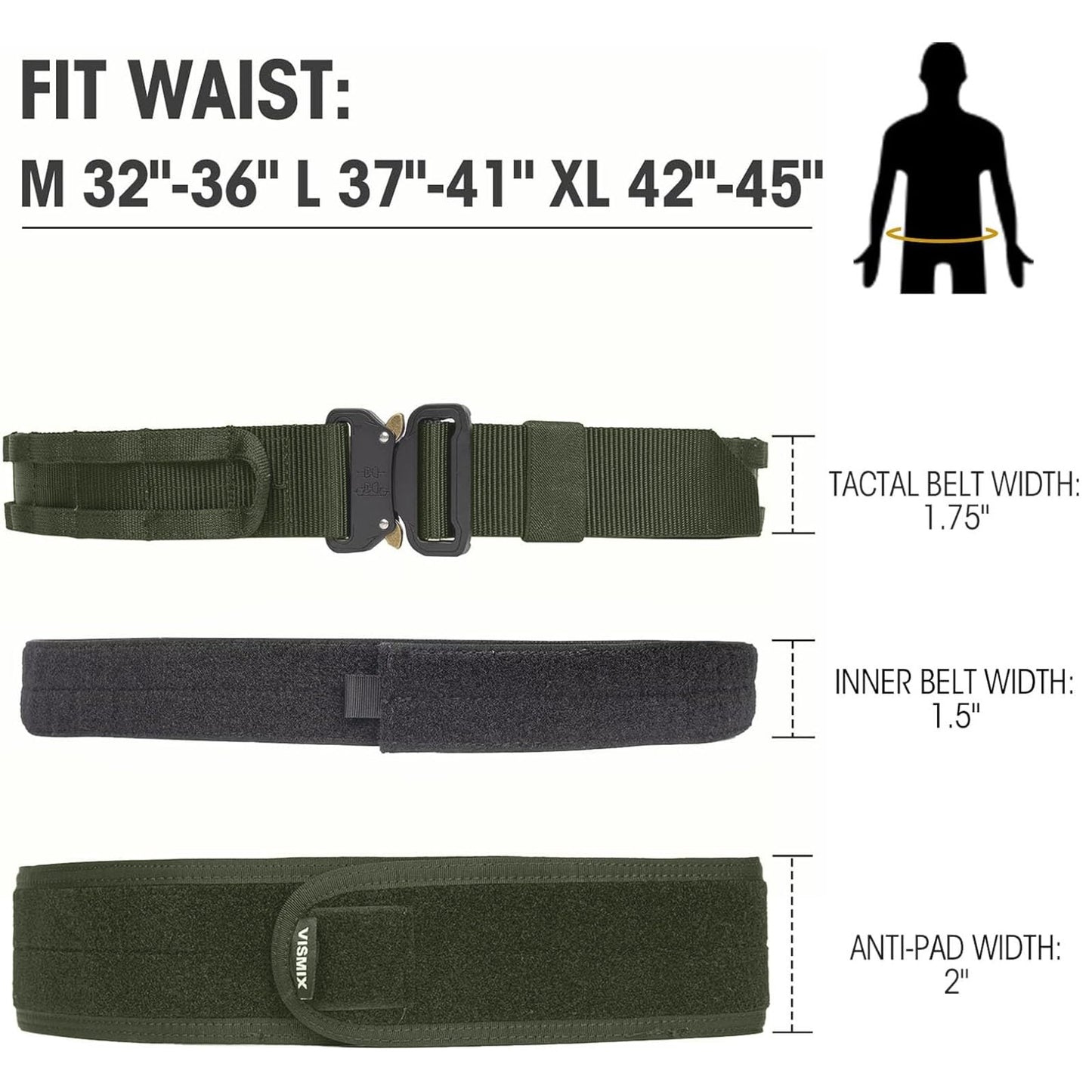 VISMIX Tactical Belt, Quick Release 1.75" MOLLE Battle Belt with Inner Belt and Anti-Slip Pad- Heavy Duty Battle Belts