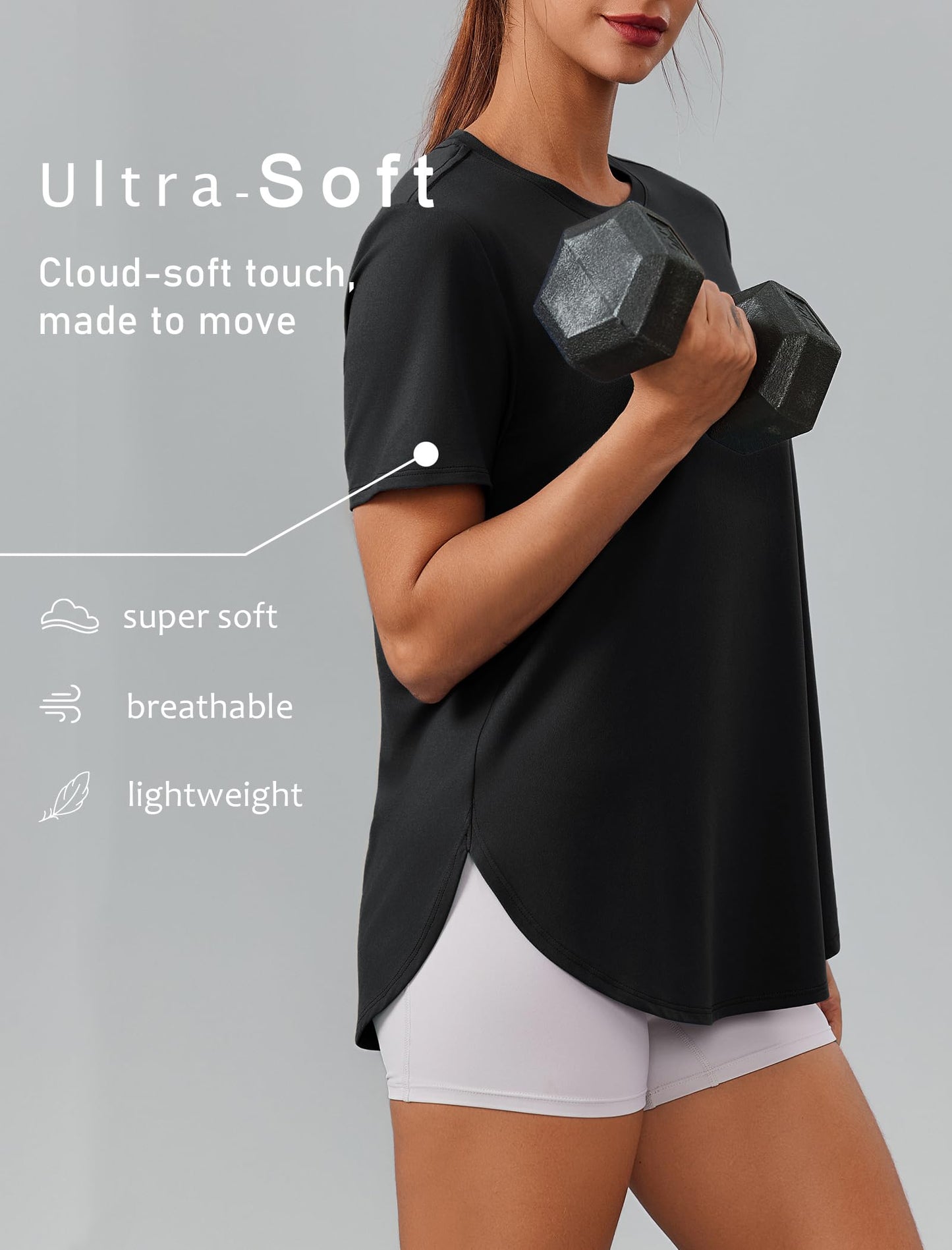PINSPARK Workout Shirts Women Short Sleeve Gym Clothes UPF 50+ Athletic Tops Soft Exercise Running T-Shirt Activewear, Black Large