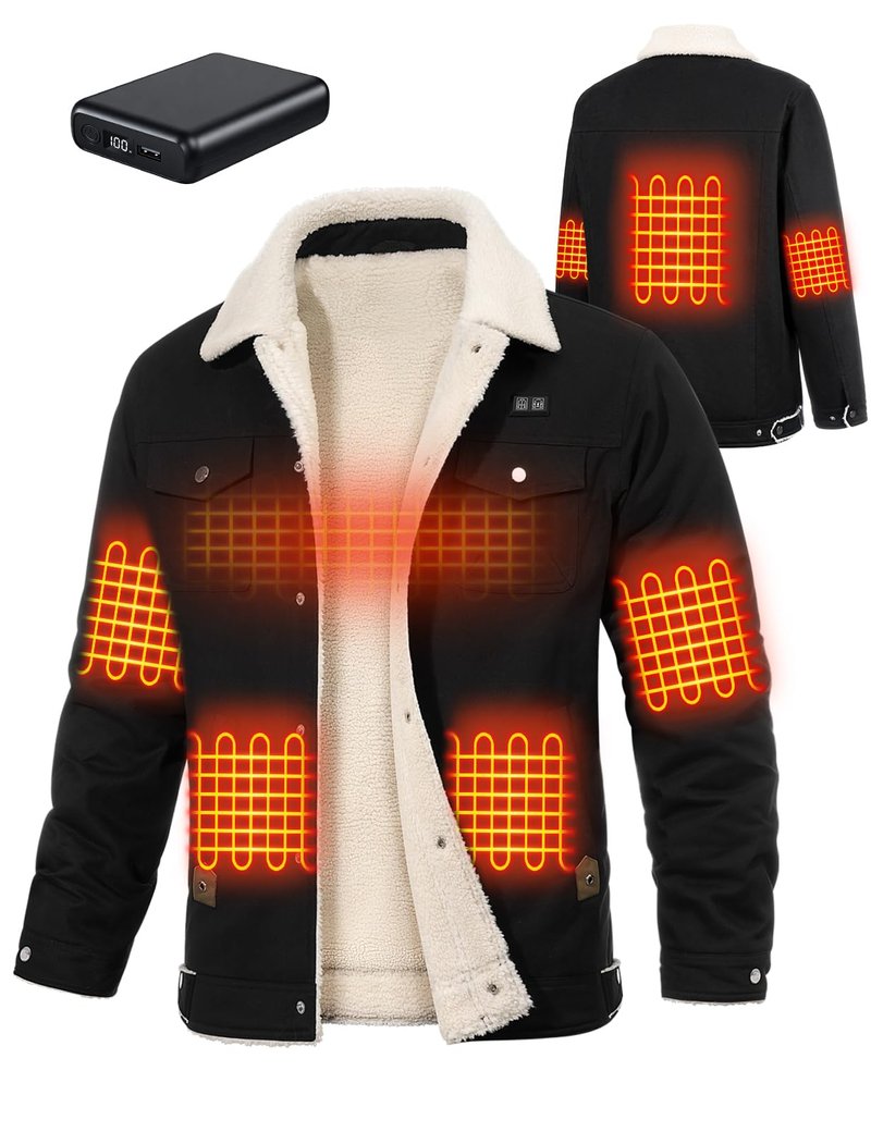 HEEKPEK Heated Jacket for Men with 18400mAh Long-Lasting Battery, 5-Zone Heated Sherpa Lined Coat for Outdoor Winter(Black,L)