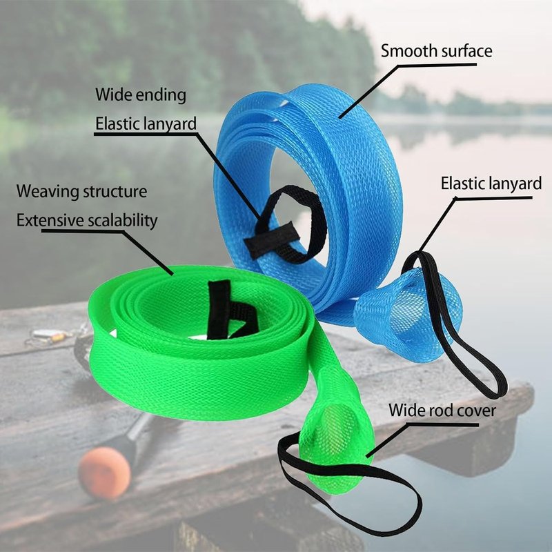 Fishing Rod Sleeves - 2PCS Braided Mesh Covers for Spinning, Casting & Fly Rods | Elastic Lanyard, Durable & Travel-Friendly
