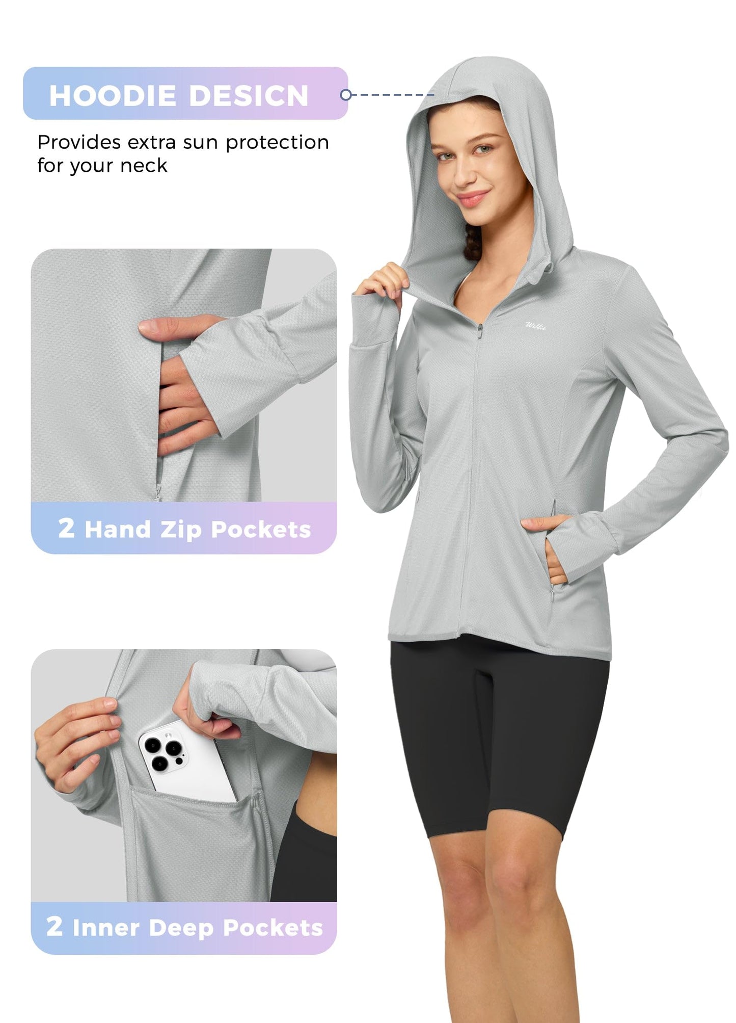 Willit Women's UPF 50+ Sun Protection Shirts UV Long Sleeve Zip Hoodies SPF Lightweight Jacket Hiking Outdoor with Pockets