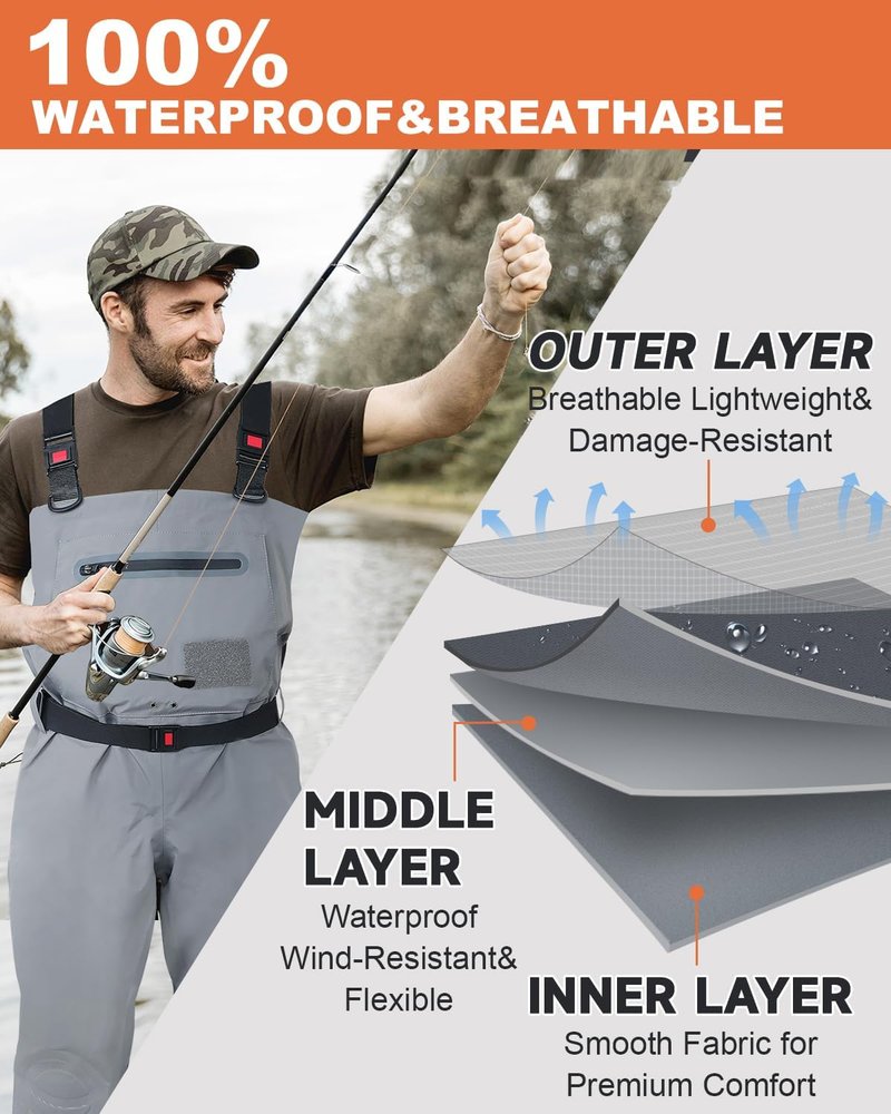 Waterproof Chest Waders for Men & Women - Breathable Lightweight Stocking Foot Design for Fly Fishing
