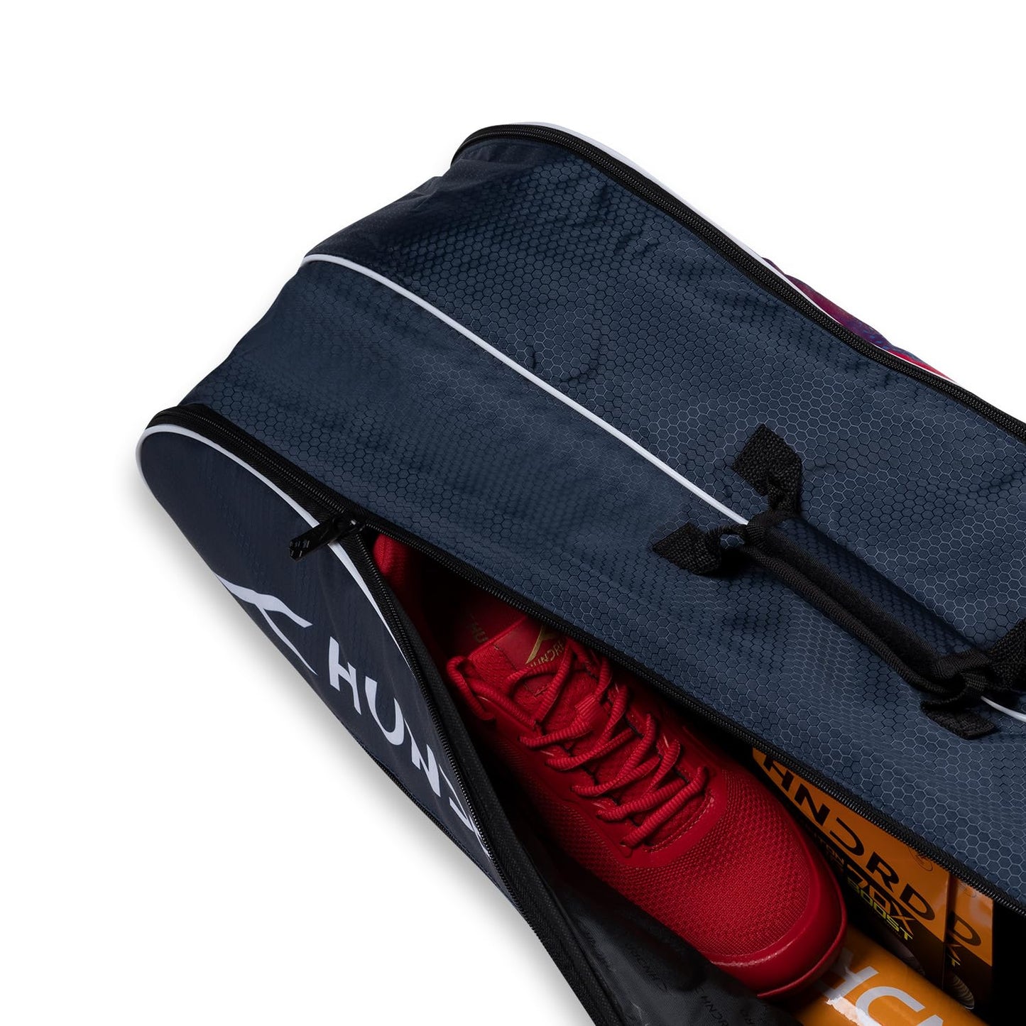 HUNDRED Ideal Badminton and Tennis Racquet Kit Bag | Size: Large | Material: Polyester | 2 Compartments with Side Pouch | Front Zipper Pocket | Padded Back Straps | Easy-Carry Handle | Navy Blue(6in1)