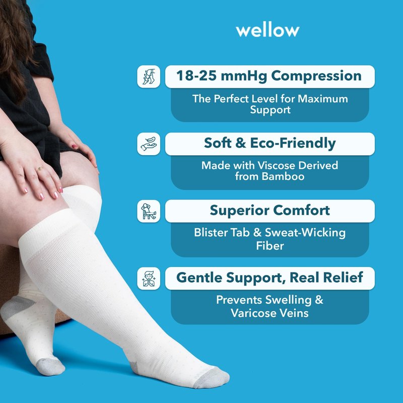 Wellow Wide Calf Compression Socks for Men & Women, 18-25 mmHg Made with Viscose from Bamboo, Nurses & Pregnancy Support, Relieves Swelling, Knee High, MD, Black Charcoal