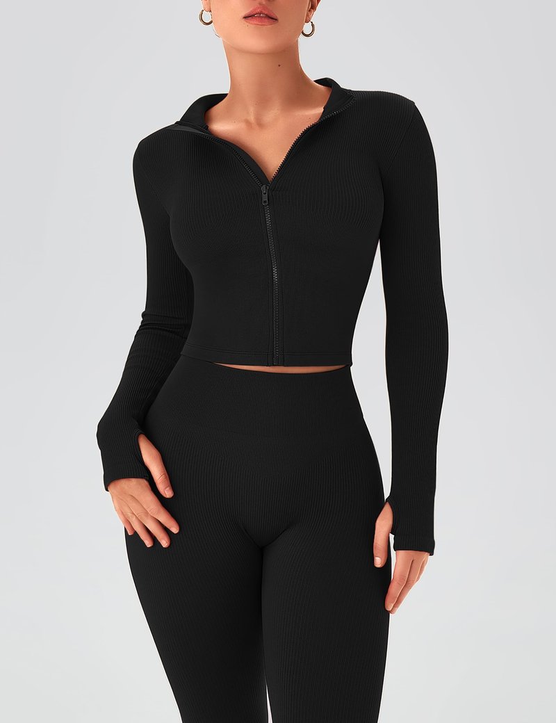OLCHEE Womens Workout Sets 2 Piece Seamless Ribbed Long Sleeve Yoga Outfits High Waist Leggings Zipper Jacket Thumb Hole Gym Set - Black Medium