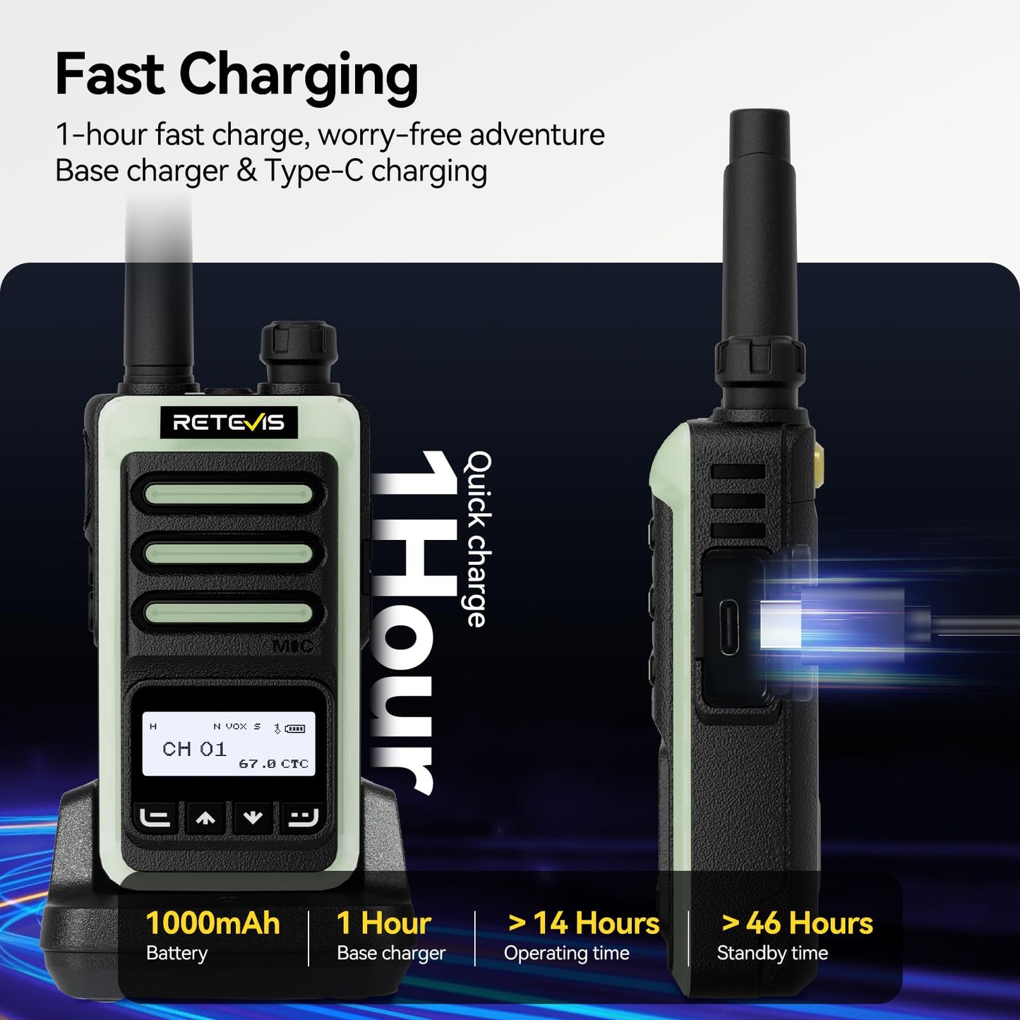 Retevis RB66S Walkie Talkies for Adults, Fast Charging, Flashlight, USB-C, Portable FRS Two Way Radios with LCD Screen, Fluorescent Design, 2 Way Radio for Work Outdoor Camping(3 Pack)