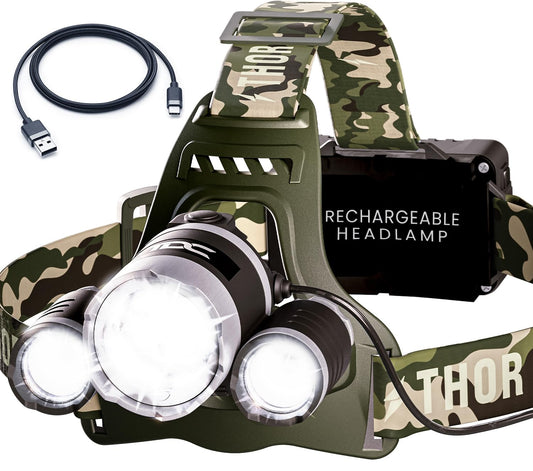 TDC Camo Rechargeable Headlamp - Zoomable Led Headlamp - Headlamp Flashlight USB - Waterproof Headlamps for Adults - Head Lamps Outdoor Led Rechargeable - Head Lights for Forehead