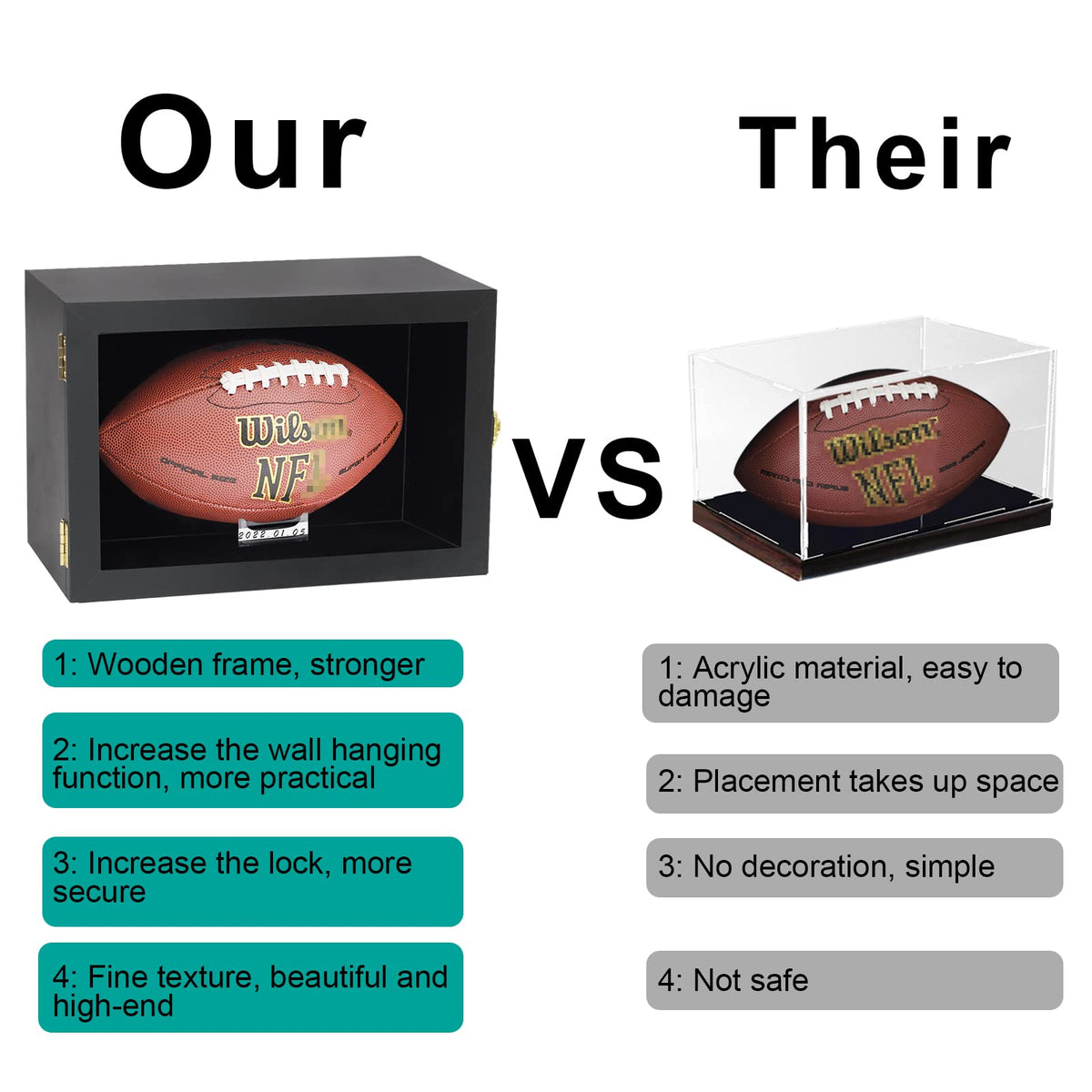 COMSREV Football Display Case Wall Mount Full Size Wooden Acrylic Black