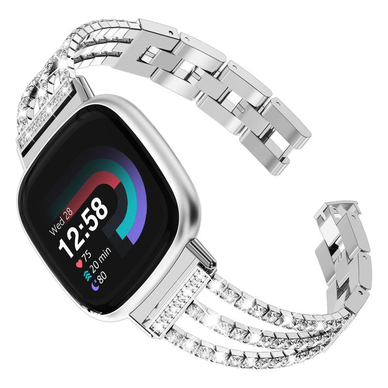 FULLIFE Compatible with Fitbit Versa 3/Fitbit Versa 4 Chain with Crystal Diamond Bling Metal Link Bracelet Strap Steel Fitbit Sense/Fitbit Sense 2 Band for Women, Silver