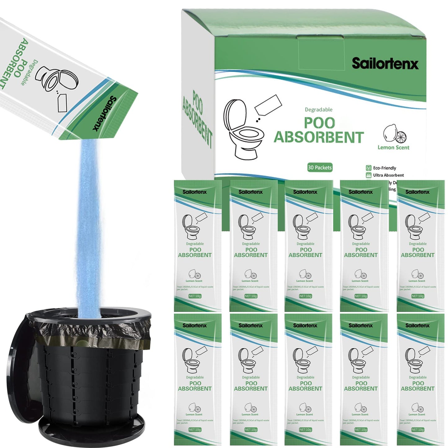 30 PACK Poo Absorbent for Portable Toilet, Camping Toilet Chemicals, Eco Degradable Absorbent Gel Liquid Waste Gelling and Deodorizing Absorbent Emergency Toilet Waste Treatment