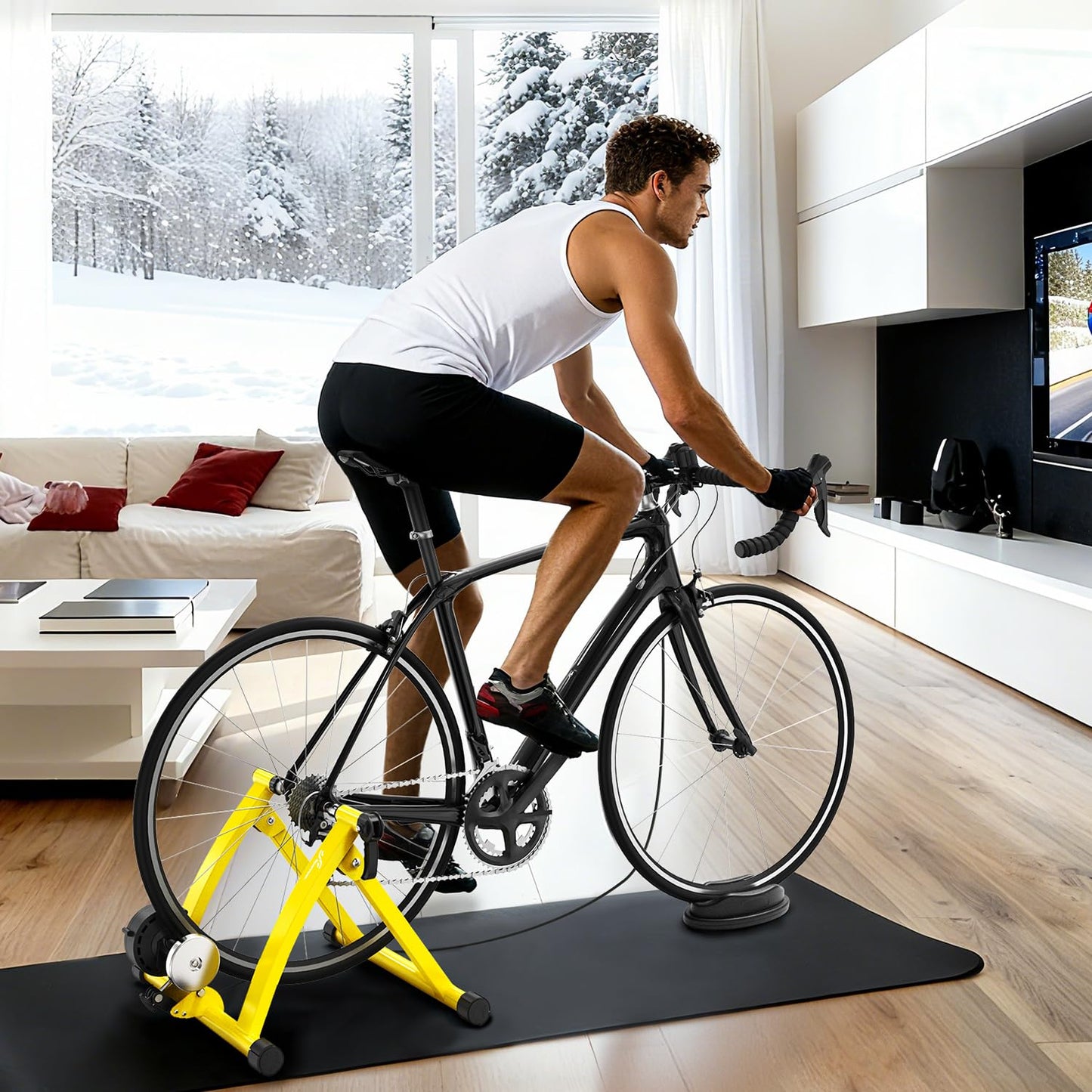 Sportneer Bike Trainer - Magnetic Indoor Cycling Trainer Stand for 26-28" & 700C Wheels, 6 Resistance Levels Stationary Bike Stand with Quick Release Lever & Front Wheel Riser Block Yellow