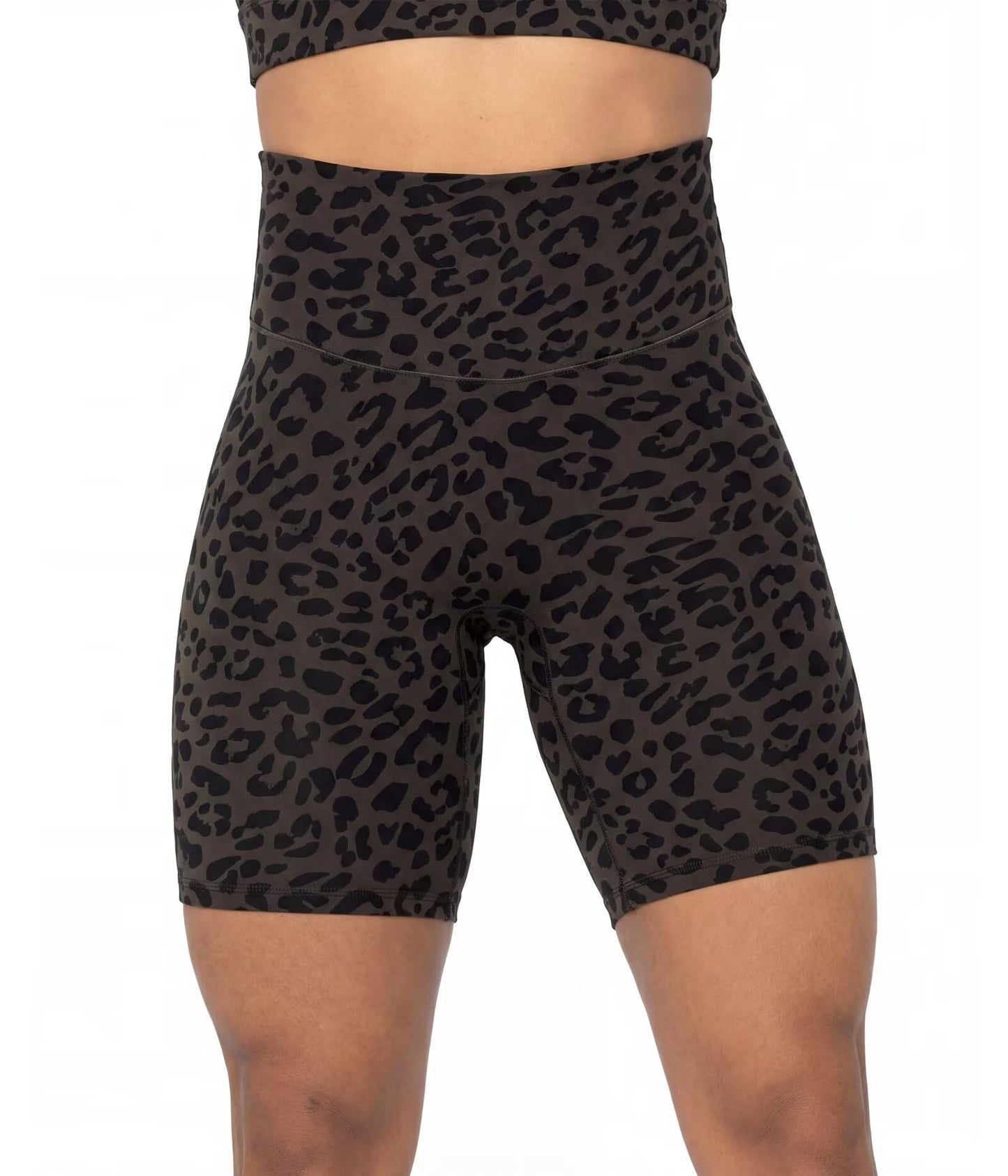 Sunzel 8" Waist Biker Shorts for Women No Front Seam Soft Yoga Workout Gym Bike Shorts Tummy Control Squat Proof Leopard Seal Brown X-Large