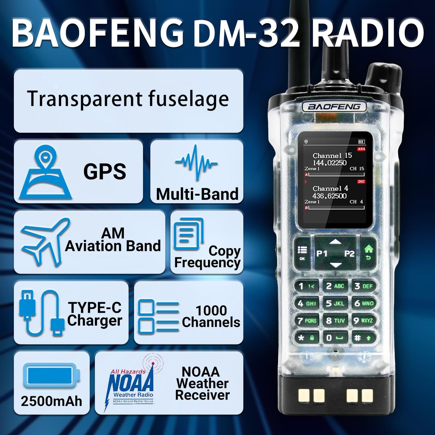 BAOFENG DM-32 DM32 10W DMR Ham 2 Way Radio GPS Matching Writing Frequency Satellite Positioning Type-C DM32(1PC) (Transparent)