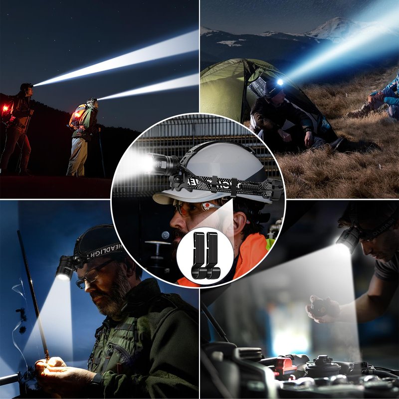 Headlamp Rechargeable Super Bright, 2 Pack High Lumen LED Head Lamp with Motion Sensor, 5 Modes Zoomable Head Light for Forehead, 90° Adjustable, Waterproof Headlamps for Adults Hard Hat Light Camping