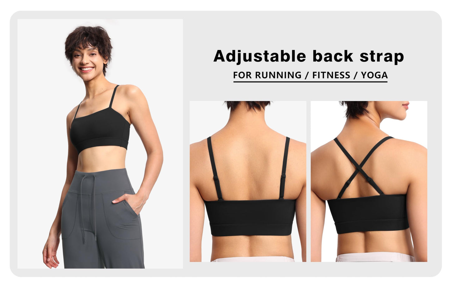 THE GYM PEOPLE Women's Adjustable Spaghetti Strap Sports Bras Wirefree Workout Tops with Removable Padded Black