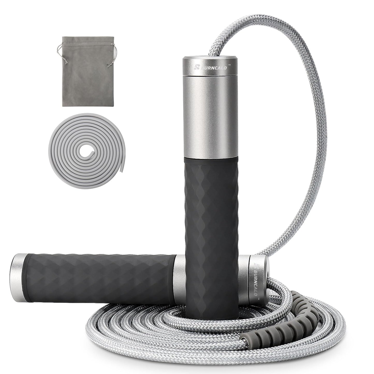 BURNCALO Weighted Jump Rope for Fitness, Skipping Rope for Men Women, Metal Heavy Handles, Ball bearings, Adjustable Length PVC Cord and Cotton Rope, Endurance Training Fitness Exercise Workout