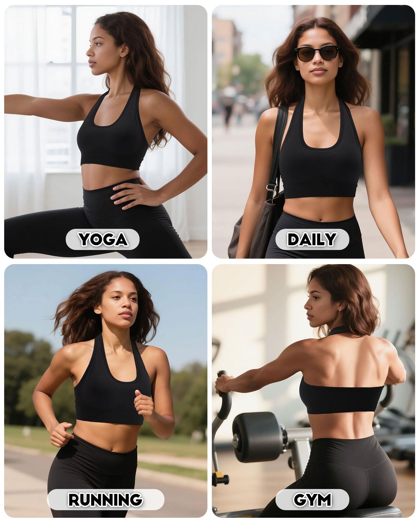 iMucci Halter Sports Bras for Women Low Impact Seamless Yoga Bra, Halter Neck Open Back Padded Removable Cups for Gym Workout Black